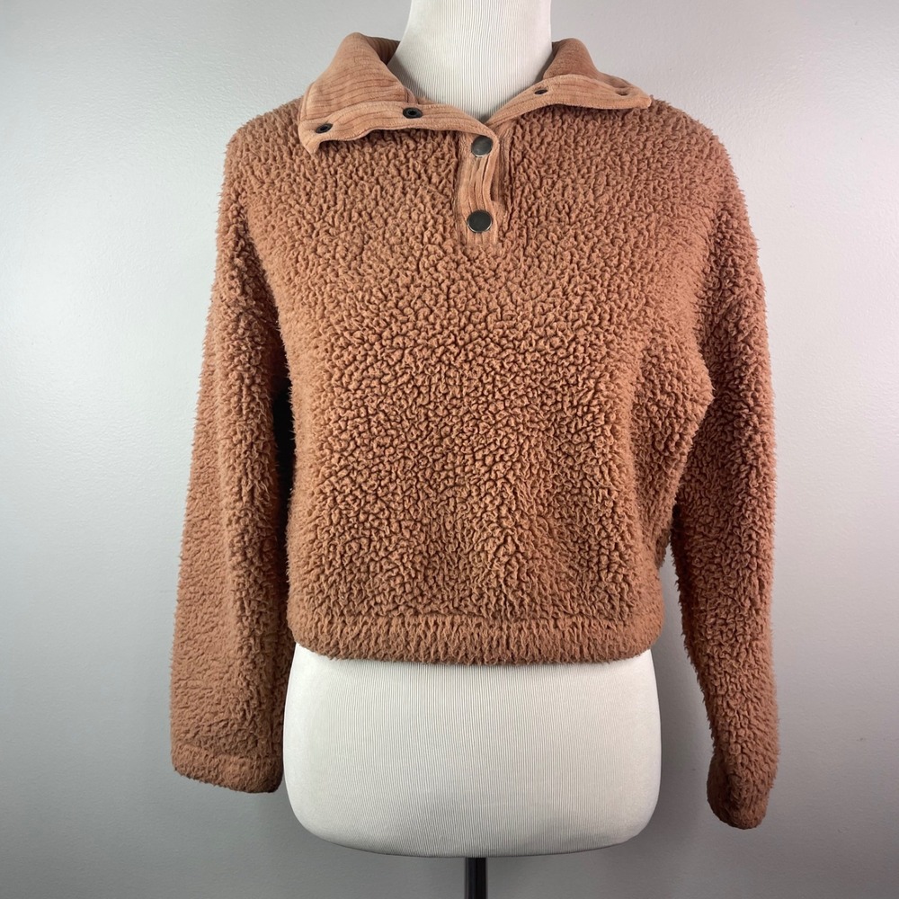 Cozie by Pink Rose Brown Sherpa Fleece‎ Snap Neck Cropped Pullover Sweatshirt S